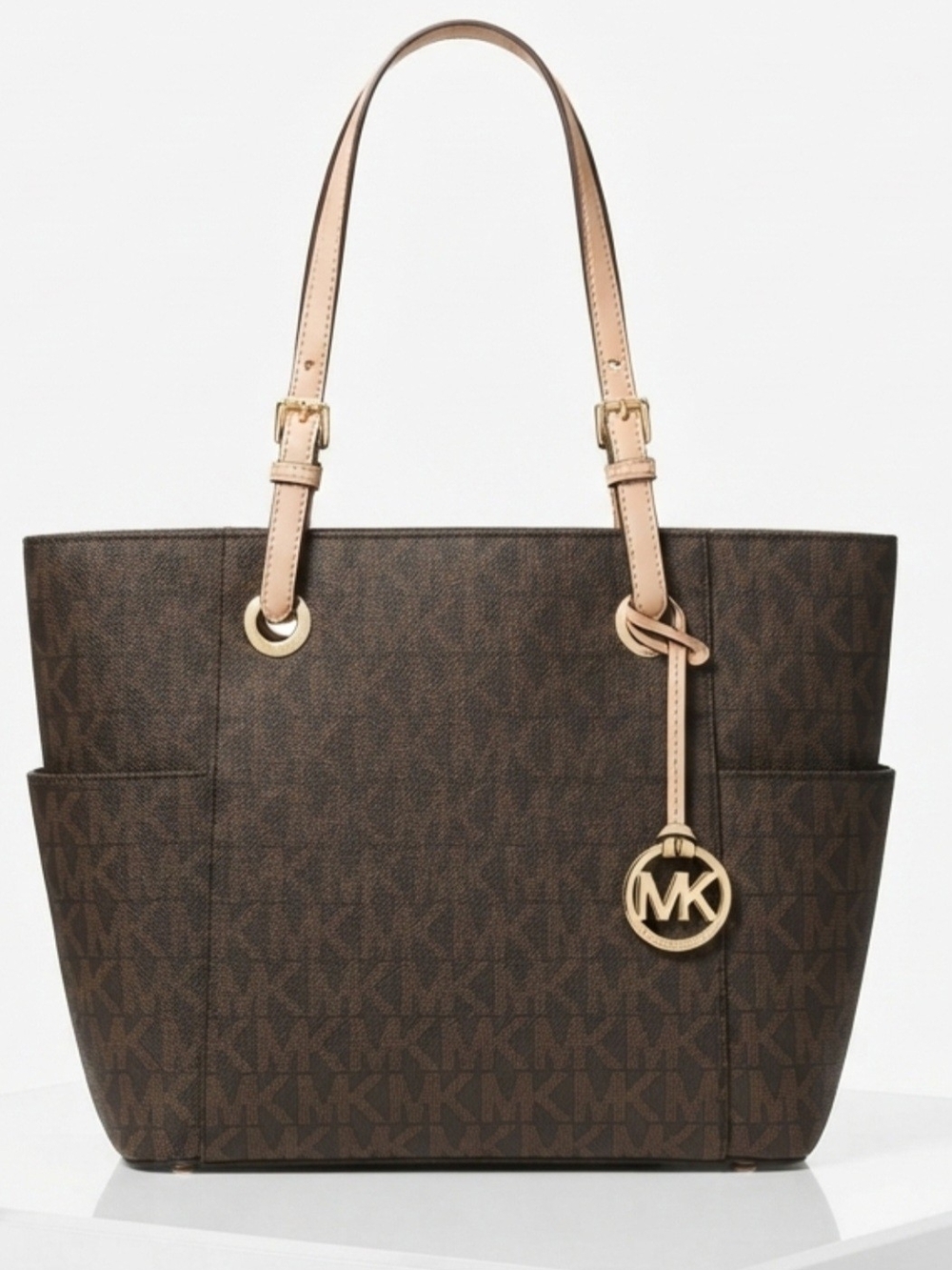 Michael Kors Brown MK Monogram Tote with Tan Straps and Gold Charm